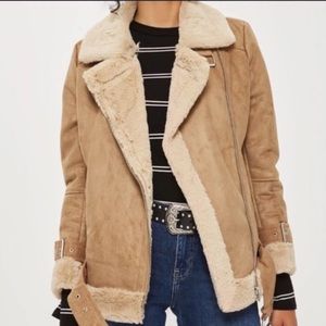 Topshop Tan Suede Faux Fur Trim Moto Jacket